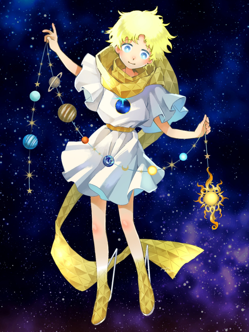 1boy belt blonde_hair bright_pupils crescent_moon earth_(planet) fate/grand_order fate_(series) full_body highres ibispaint_(medium) male_focus mars_(planet) minami_no_shirou moon neptune_(planet) planet saturn_(planet) scarf short_sleeves smile solo star_(sky) string uranus_(planet) voyager_(fate) white_pupils white_tunic yellow_footwear yellow_scarf