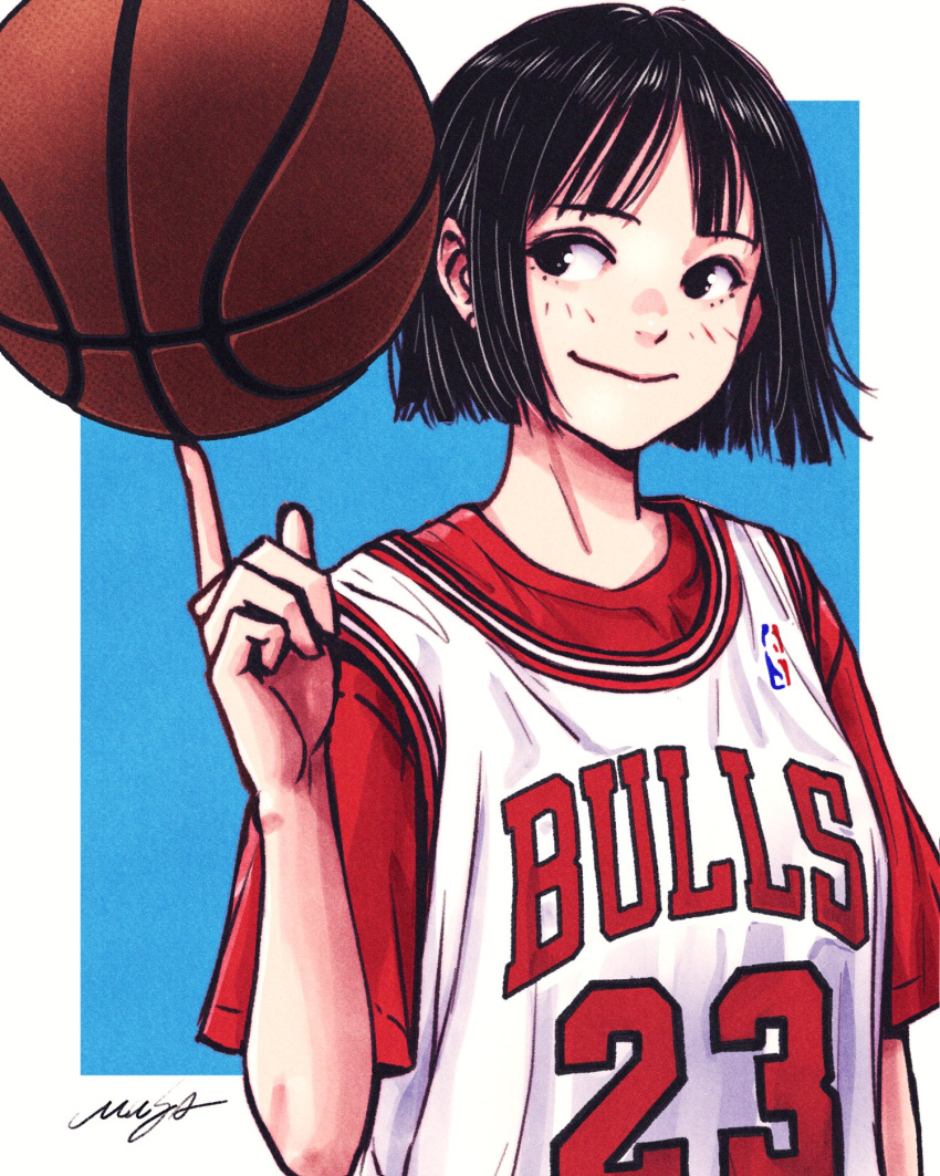 1girl balancing_on_finger basketball blue_background clip_studio_paint_(medium) drawing highres looking_to_the_side musa_(musa_draws) national_basketball_association original outside_border photo-referenced portrait signature smile solo upper_body white_background