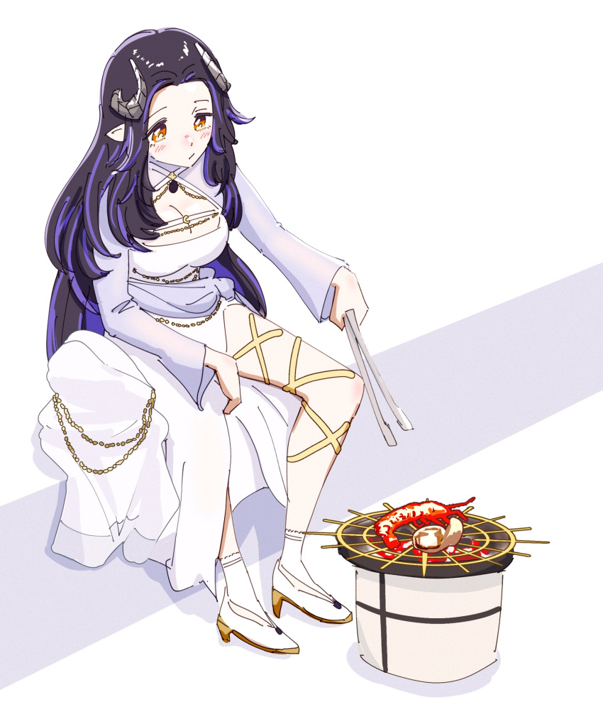 1girl absurdres belt black_hair blush breasts brown_eyes chain chest_belt cleavage closed_mouth cooking curled_horns demon_girl demon_horns dress expressionless food full_body grey_horns grill grilling habit hebiyoi_tier hebiyoi_tier_(2nd_costume) high_heels highres hironoshin_110 horns large_breasts leg_ribbon lobster long_hair long_sleeves male_focus mochi multicolored_hair nanashi_inc. pointy_ears ribbon shichirin sidelocks sitting socks solo two-tone_hair virtual_youtuber white_background white_belt white_dress white_footwear white_socks yellow_ribbon