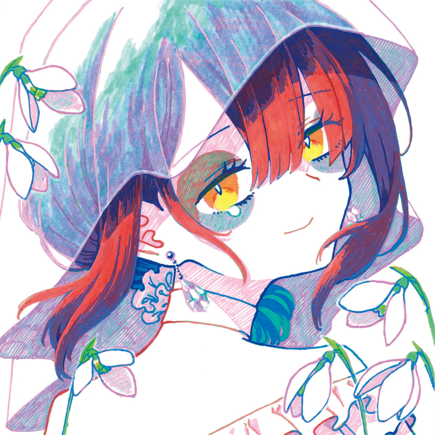 1girl bags_under_eyes choker closed_mouth commentary_request earrings flower hair_between_eyes highres indie_virtual_youtuber jewelry limited_palette looking_at_viewer looking_back mizuinokima portrait red_hair short_hair smile snowdrop_(flower) solo tearing_up upper_body veil virtual_youtuber white_background white_choker white_flower yellow_eyes yosumi_(vtuber)