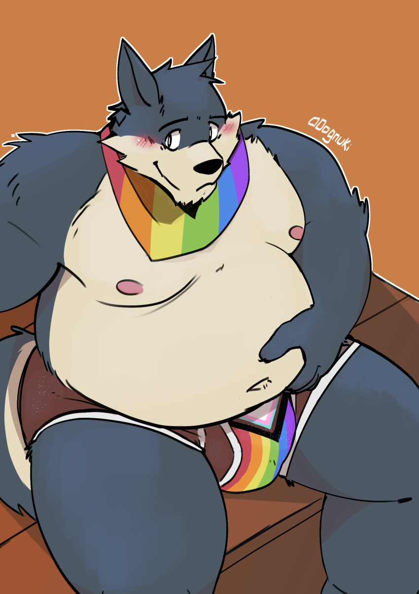 absurd_res anthro bandanna belly belly_grab blush canid canine canis clothing domestic_dog fur grey_body grey_fur hand_on_stomach hi_res high-angle_view kerchief lgbt_history_month lgbt_pride male mammal moobs multicolored_bandanna multicolored_clothing multicolored_kerchief multicolored_underwear navel nipples overweight overweight_anthro overweight_male pink_nipples pride_colors rainbow_bandanna rainbow_clothing rainbow_kerchief rainbow_neckerchief rainbow_underwear realiron_(artist) shirtless_anthro shirtless_male shy sitting solo thick_thighs underwear