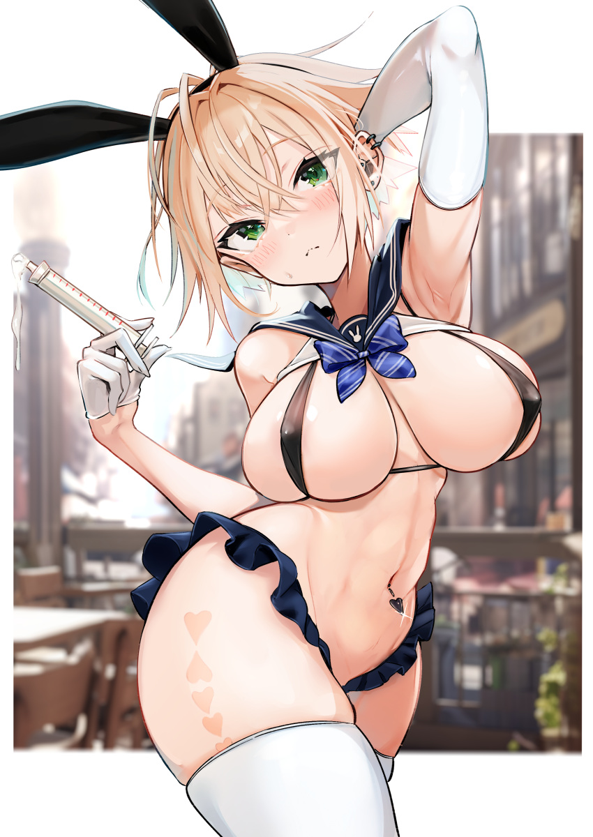 1girl :&lt; absurdres animal_ears arm_behind_head arm_up armpits asymmetrical_gloves bare_shoulders bikini black_bikini blonde_hair blue_bow blue_bowtie blue_sailor_collar blue_skirt blurry blurry_background blush bow bowtie breasts closed_mouth covered_nipples cowboy_shot crossed_bangs diagonal_stripes ear_piercing earrings elbow_gloves fake_animal_ears glint gloves green_eyes hair_between_eyes half_gloves hand_up heart highres holding holding_syringe jewelry large_breasts linea_alba looking_at_viewer mappaninatta micro_bikini navel navel_piercing original outside_border piercing rabbit_ears sailor_collar short_hair sidelocks skindentation skirt sleeveless solo stomach striped swimsuit syringe thighhighs uneven_gloves white_gloves white_thighhighs