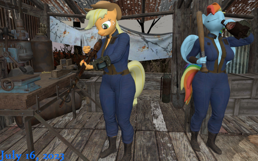 3d_(artwork) anthro applejack_(mlp) baseball_bat bat_(object) bethesda_softworks digital_media_(artwork) duo fallout fallout_equestria female female/female friendship_is_magic gun hasbro my_little_pony rainbow_dash_(mlp) ranged_weapon rifle robertwtf source_filmmaker vault_suit wasteland weapon