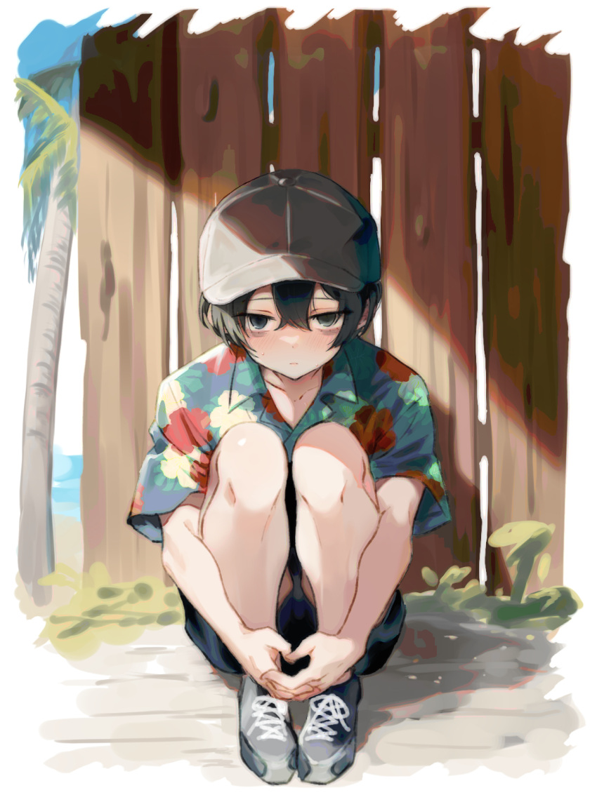 1boy bags_under_eyes black_eyes black_hair fence full_body hat hawaiian_shirt highres limbus_company male_focus project_moon shirt short_hair shorts solo thighs wooden_fence y0ru73 yi_sang_(limbus_company)