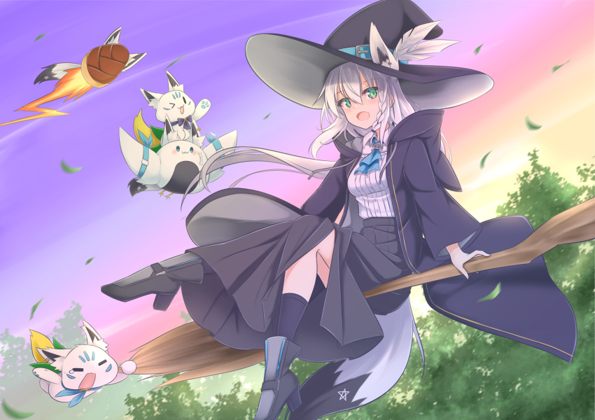 1girl animal_ear_fluff animal_ears black_coat black_skirt blue_neckerchief blush braid breasts broom broom_riding coat commission earrings ears_through_headwear extra_ears fox_ears fox_girl fox_tail fubuchun green_eyes hair_between_eyes hat highres hololive jewelry long_coat long_hair long_skirt looking_at_viewer neckerchief open_mouth oruyanke_(shirakami_fubuki) outdoors pentagram petals pixiv_commission pointy_hat shirakami_fubuki shirt sidelocks single_braid skirt small_breasts sukonbu_(shirakami_fubuki) tail virtual_youtuber white_hair white_shirt witch witch_hat yukishiro_haku