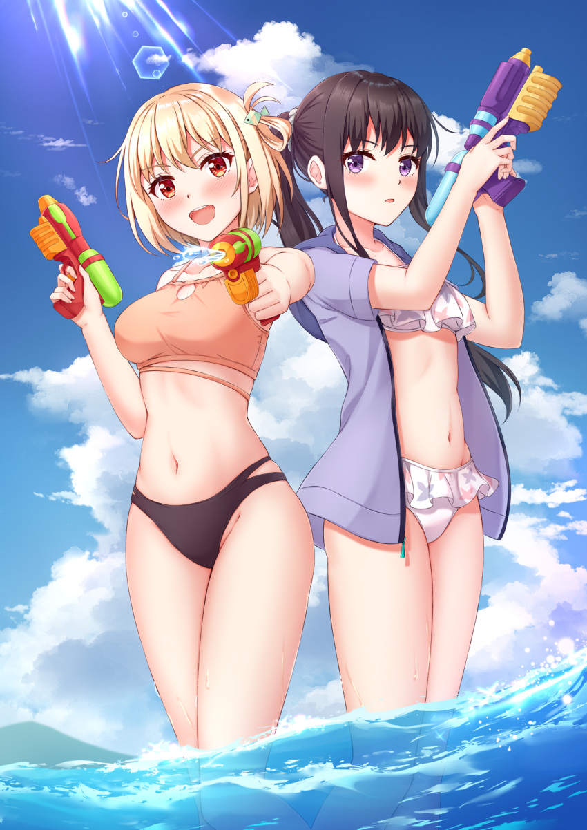 2girls :d bikini black_bikini black_hair blonde_hair blue_jacket blue_sky breasts brown_bikini cloud collarbone commentary_request frilled_bikini frills hair_ornament hair_scrunchie highres holding holding_water_gun inoue_takina jacket large_breasts long_hair lycoris_recoil medium_breasts multiple_girls muwa12 navel nishikigi_chisato ocean open_clothes open_jacket open_mouth outdoors partially_submerged pointing pointing_at_viewer pointing_gun ponytail purple_eyes red_eyes scrunchie short_hair sky smile sunlight swimsuit two-tone_bikini wading water_gun white_bikini white_scrunchie