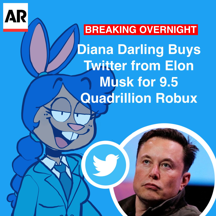1:1 accessory anthro buckteeth clothed clothing corporate creator_ant diana_darling_(creator_ant) duo elon_musk eyelashes female graphic_design hair hair_accessory hi_res human logo long_hair male mammal news simple_background smile teeth text twitter twitter_logo