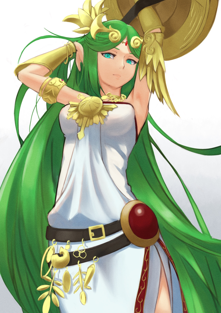 1girl absurdres armlet arms_up breasts chain cowboy_shot diadem dress forehead_jewel gold_chain gradient_background green_eyes green_hair highres jewelry kid_icarus kid_icarus_uprising long_hair looking_at_viewer nabe_ken palutena pendant shield solo strapless strapless_dress vambraces very_long_hair