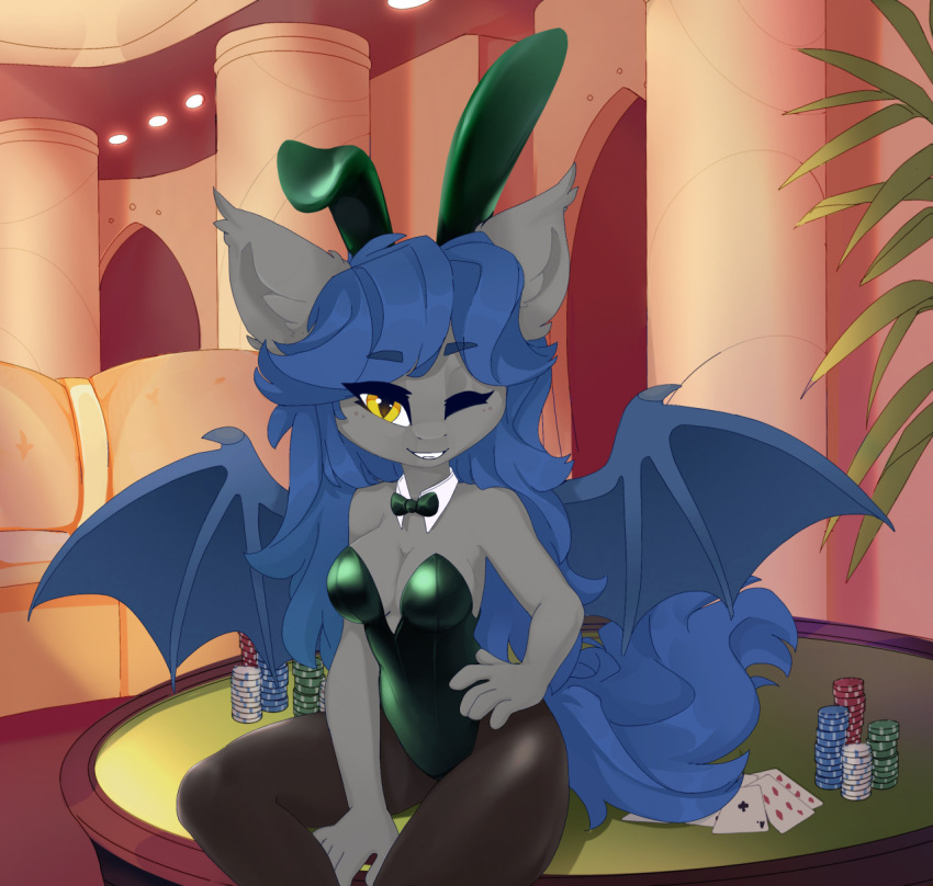 anthro bat_pony blue_hair bow_tie breasts bunny_costume card cleavage clothed clothing costume equid fan_character female furniture gambling hair hasbro hi_res long_hair looking_at_viewer mammal my_little_pony one_eye_closed racket_rhine shooshaa solo table wings wink yellow_eyes