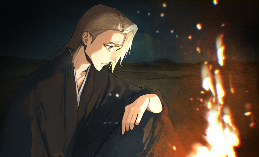 1boy 2023 absurdres adam's_apple arm_rest asymmetrical_hair black_haori bleach blonde_hair blurry blurry_foreground brown_eyes closed_mouth dated fire haori highres japanese_clothes jou_(jo_jjo) kira_izuru looking_at_object male_focus medium_hair night sad solo