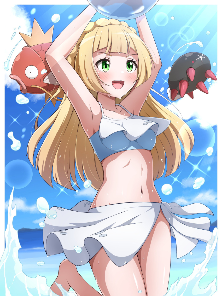 1girl :d absurdres arms_up ball barefoot beachball blonde_hair blush braid breasts cloud commentary_request day eyelashes green_eyes highres leg_up lillie_(pokemon) long_hair magikarp navel open_mouth outdoors pokemon pokemon_(anime) pokemon_(creature) pokemon_sm_(anime) pyukumuku shabana_may sky smile swimsuit teeth tongue upper_teeth_only water wet