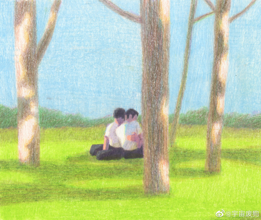 2boys absurdres bara bare_tree blue_sky couple faceless faceless_male grass heads_together highres hug male_focus multiple_boys original outdoors painterly pants short_hair sideburns sitting sky tree yaoi yuzhou_fei_gou