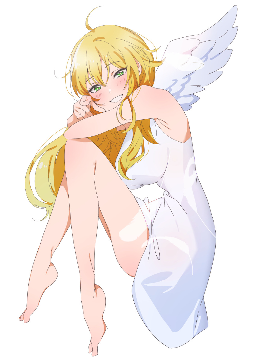 1girl absurdres ahoge arm_rest bare_legs barefoot blonde_hair blush breasts dress feathered_wings green_eyes highres hoshii_miki idolmaster idolmaster_(classic) idolmaster_million_live! katsu_(kana) large_breasts legs_folded long_hair looking_at_viewer looking_to_the_side pointing pointing_at_viewer sleeveless sleeveless_dress smile solo toes very_long_hair white_dress white_wings wings