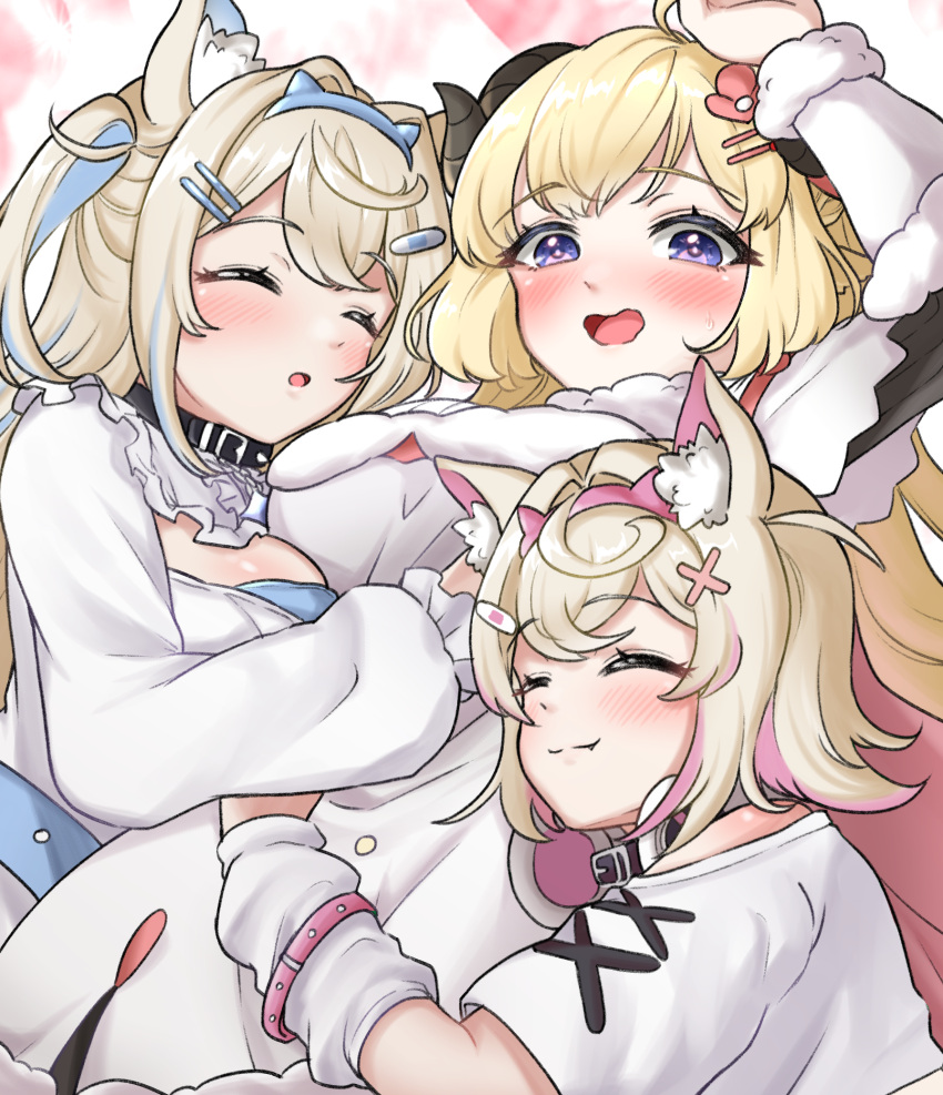 3girls ahoge animal_ear_fluff animal_ears arm_up belt_collar black_collar blonde_hair blue_hair blush carmen_kiruya closed_eyes closed_mouth collar cuddling dog_ears dog_girl dress fang fur-trimmed_dress fur_trim fuwawa_abyssgard hair_ornament hairpin highres hololive hololive_english horns hug long_hair mococo_abyssgard multicolored_hair multiple_girls open_mouth pink_eyes purple_eyes sheep_ears sheep_girl sheep_horns shirt siblings sidelocks sisters skin_fang smile spiked_collar spikes streaked_hair tsunomaki_watame tsunomaki_watame_(1st_costume) twins two_side_up virtual_youtuber white_dress white_shirt x_hair_ornament