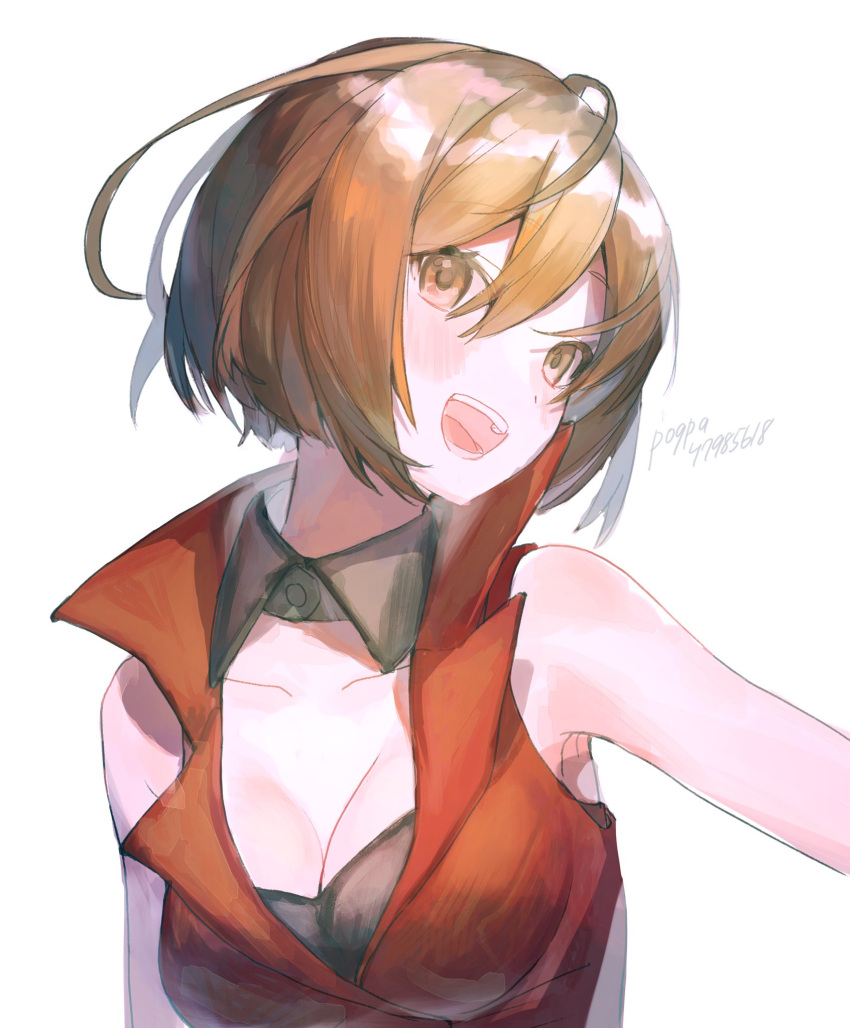 1girl :d arm_at_side armpits bare_arms bare_shoulders black_bra blush bob_cut bra breasts brown_eyes brown_hair cleavage collarbone crop_top detached_collar dot_nose facing_viewer hair_between_eyes hair_strand head_tilt high_collar highres large_breasts meiko_(vocaloid) meiko_(vocaloid3) open_mouth outstretched_arm parted_bangs pogpa47985618 short_hair sideways_glance simple_background smile solo teeth twitter_username underwear upper_body vocaloid white_background wing_collar