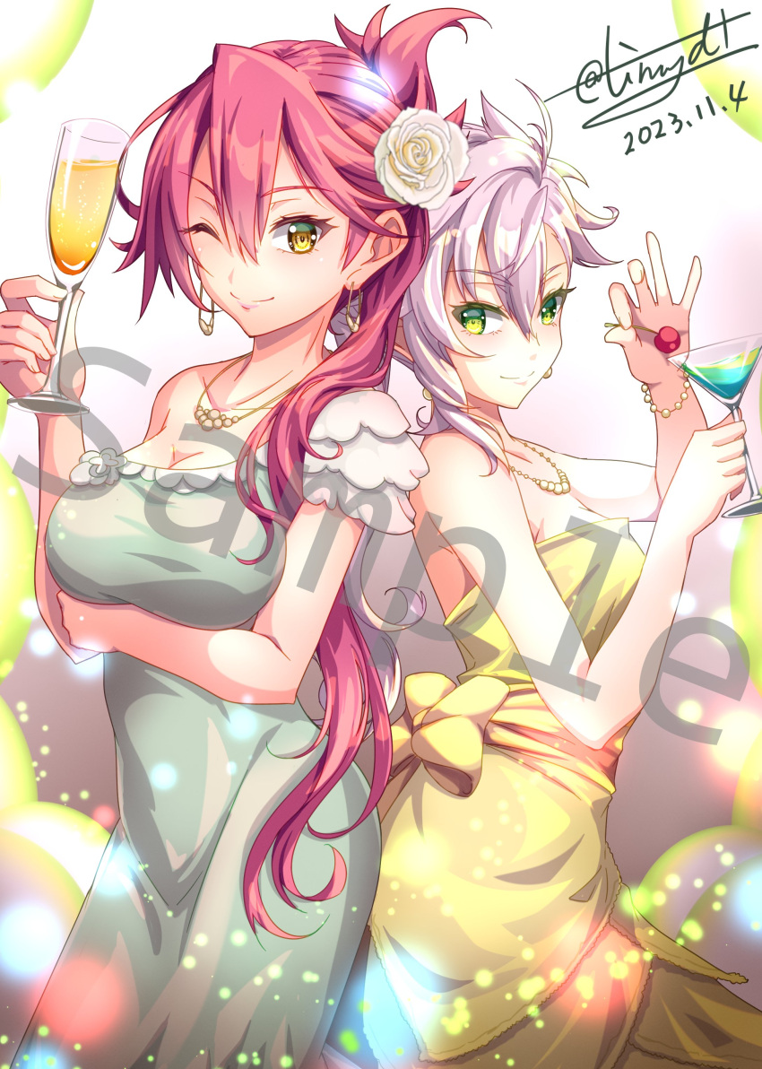 2girls absurdres ahoge bracelet cherry commission cup curtained_hair dated double-parted_bangs dress drinking_glass earrings eiyuu_densetsu fie_claussell food fruit green_eyes hair_between_eyes highres holding holding_cup jewelry long_hair multiple_girls necklace pink_hair sample_watermark sara_valestein sen_no_kiseki signature skeb_commission smile sparkle tinybiard twitter_username watermark wine_glass yellow_eyes