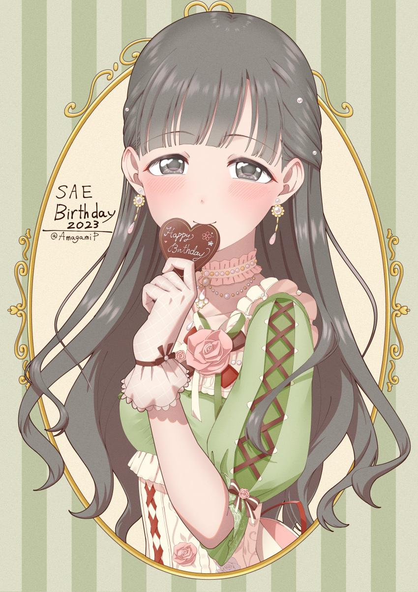 1girl absurdres amagamip black_eyes black_hair blush breasts chocolate choker commentary_request cross-laced_clothes cross-laced_sleeves dress earrings flower food frilled_choker frilled_dress frills gloves green_background green_dress half-closed_eyes hand_up happy_birthday highres holding holding_chocolate holding_food idolmaster idolmaster_cinderella_girls jewelry kobayakawa_sae long_hair looking_at_viewer pink_flower pink_rose puffy_short_sleeves puffy_sleeves rose short_sleeves small_breasts smile solo striped striped_background twitter_username upper_body white_gloves