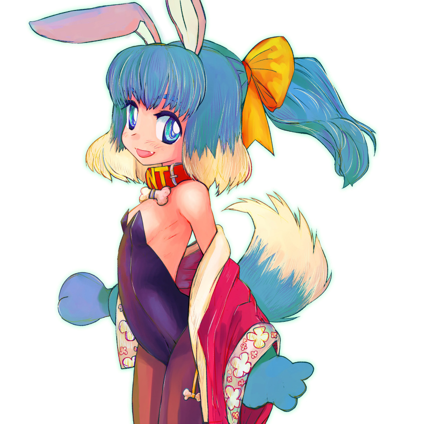 1girl :d animal_collar animal_ears animal_hands arched_back bare_shoulders blue_eyes blue_hair blue_tail bone bow breasts brown_pantyhose collar cowboy_shot dog_ears dog_girl dog_tail fake_animal_ears floating_hair floppy_ears gloves hair_bow hairband highres inu-t legs_together leotard light_blue_hair medium_hair multicolored_tail nt-tan open_mouth os-tan pantyhose paw_gloves pink_hairband playboy_bunny rabbit_ears red_collar simple_background small_breasts smile solo standing strapless strapless_leotard tail tsukiyono_aroe white_background white_tail wide_sleeves yellow_bow