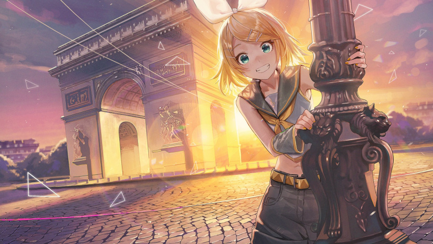 1girl bare_shoulders black_shorts blonde_hair blue_eyes bow commentary daniel_deng english_commentary hairband highres kagamine_rin looking_at_viewer official_art open_mouth paris project_sekai short_hair shorts smile solo teeth vocaloid white_bow white_hairband yellow_bow