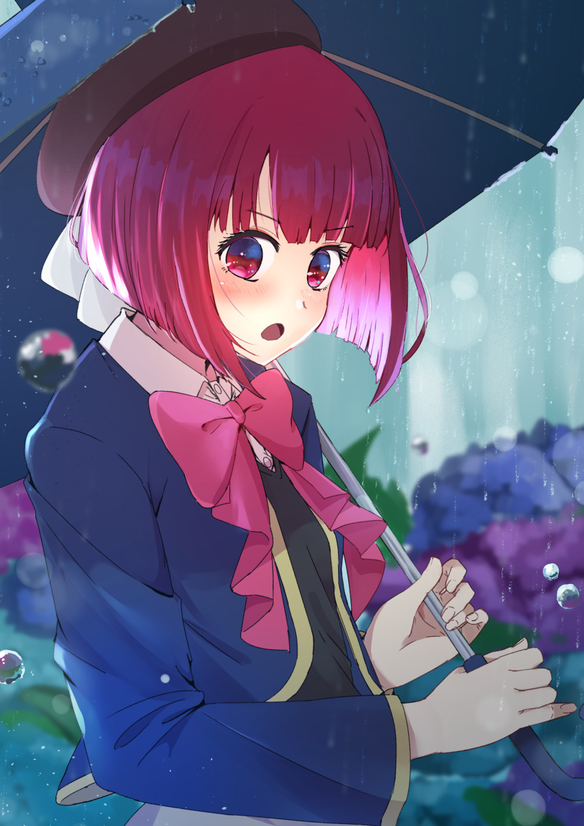 1girl absurdres arima_kana beret black_headwear black_vest blue_jacket blue_umbrella blunt_bangs blurry blurry_background blush bob_cut bow bowtie collared_shirt commentary cowboy_shot depth_of_field flower hat hat_bow highres holding holding_umbrella hydrangea inverted_bob jacket long_sleeves looking_at_viewer medium_hair no_pupils open_clothes open_jacket open_mouth oshi_no_ko outdoors pink_bow pink_bowtie rain red_eyes red_hair ryougen_(koh_y1) school_uniform shirt solo umbrella vest water_drop white_bow white_shirt youtou_high_school_uniform