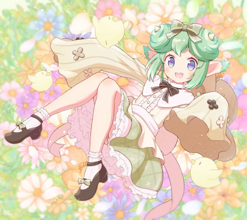 1girl bird black_bow black_footwear blue_eyes bow buttons chick double_bun dress_shirt field floating flower flower_field footwear_bow frilled_skirt frills green_bow green_skirt grey_hair hair_bow hair_bun highres jazz_grace lidelle_(puyopuyo) long_sleeves open_mouth pointy_ears puyopuyo puyopuyo_fever puyopuyo_quest shirt skirt sleeves_past_fingers sleeves_past_wrists solo teeth upper_teeth_only yellow_horns