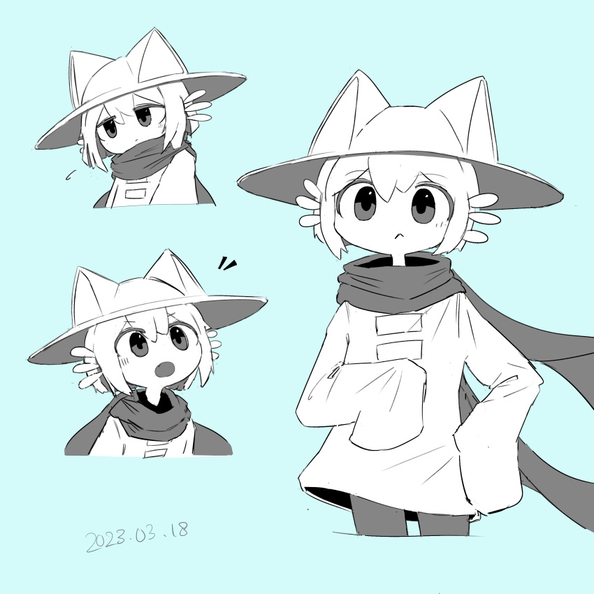 1other absurdres androgynous animal_ears animal_hat black_socks cat_ears cat_hat hat highres light_blue_background long_sleeves monochrome nervous niko_(oneshot) oneshot_(game) open_mouth pungsun scarf slit_pupils socks tunic whiskers