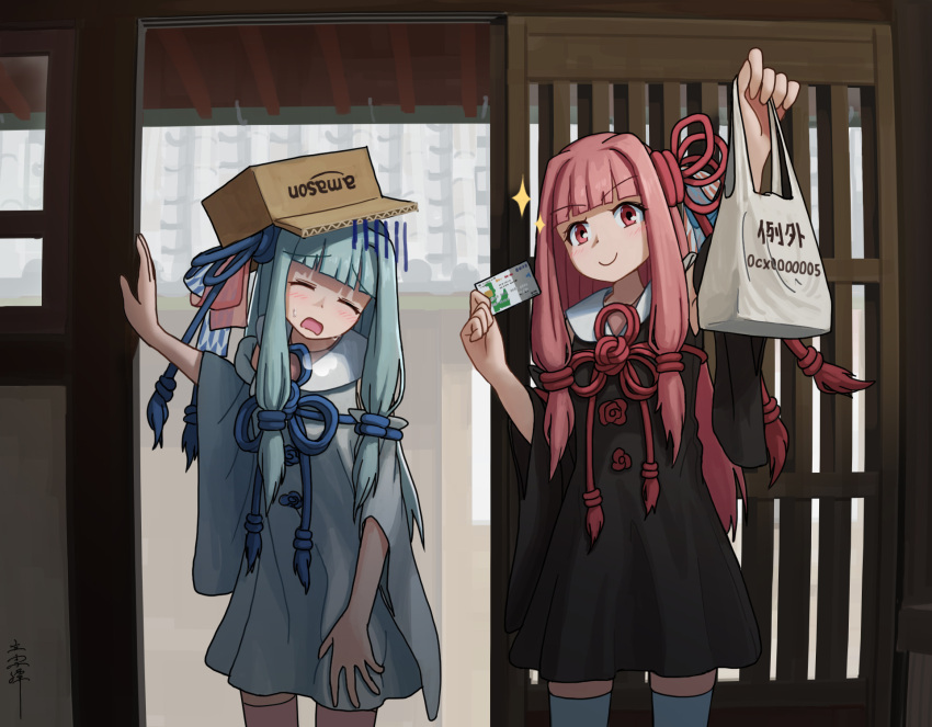 2girls amazon_(company) architecture arm_up bag black_dress blue_hair blue_ribbon blue_thighhighs blunt_bangs box box_on_head brand_name_imitation card cardboard_box closed_eyes closed_mouth collared_dress commentary cowboy_shot credit_card detached_sleeves dress east_asian_architecture exhausted facing_viewer flower_knot gloom_(expression) hair_ribbon hand_on_own_thigh highres holding holding_bag holding_card indoors kotonoha_akane kotonoha_aoi leaning_forward light_blush long_hair multiple_girls open_door pink_hair pink_thighhighs red_eyes red_ribbon ribbon shopping_bag short_dress shouji siblings sidelocks signature sisters sleeveless sleeveless_dress sliding_doors smile sparkle standing tateyuki thighhighs voiceroid