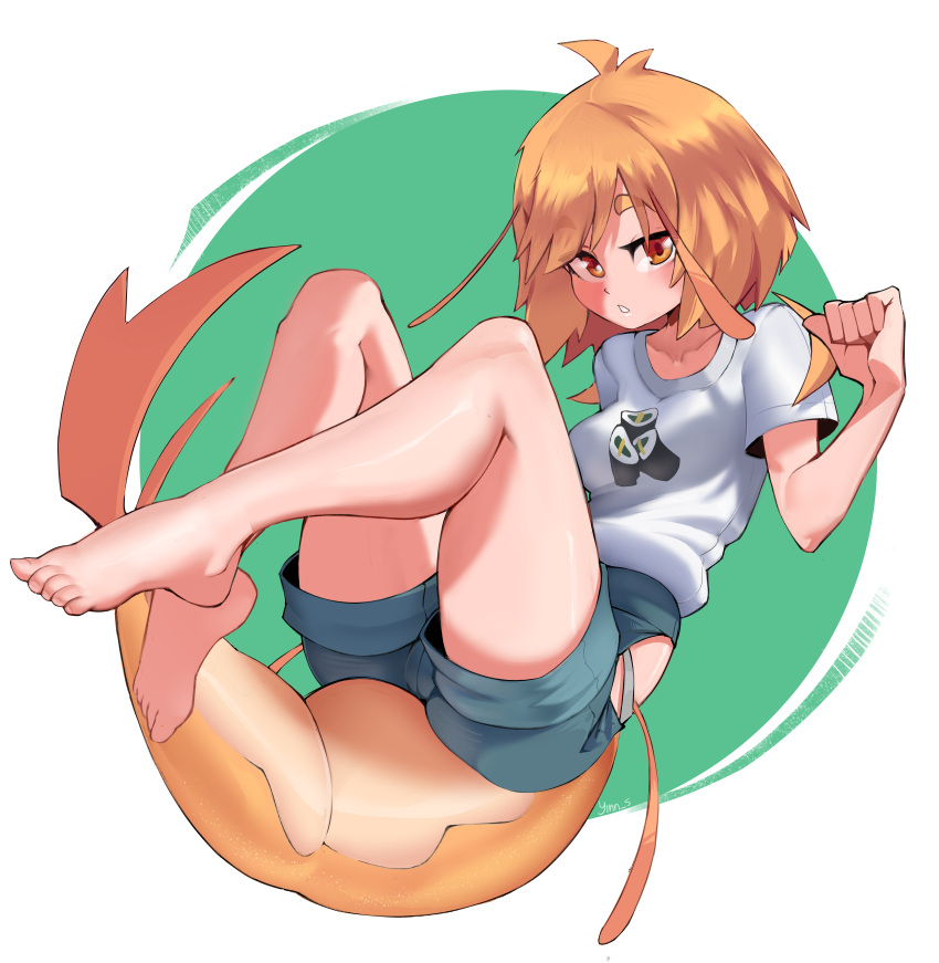 absurdres antenna_hair commission commissioner_upload denim denim_shorts highres legs_up looking_at_viewer orange_eyes orange_hair original pepper_(teuthidan) shirt_tucked_in short_hair shorts shrimp_girl sitting tail yinn_s