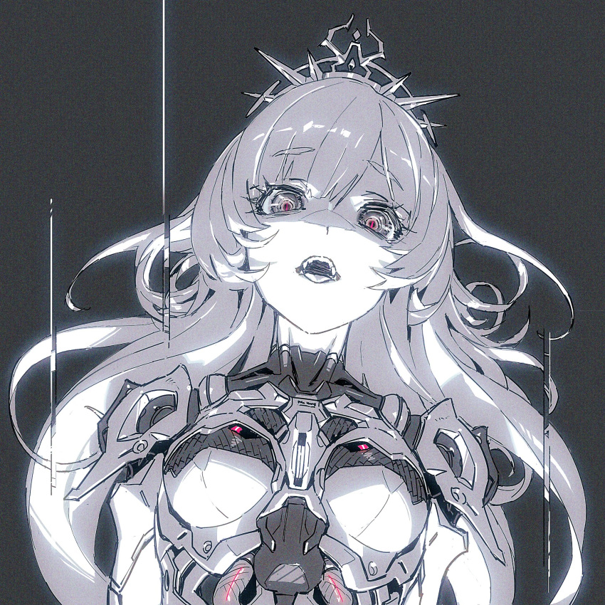 1girl android breasts film_grain glitch grey_background greyscale highres jnt joints looking_at_viewer mechanical_parts monochrome open_mouth original robot_joints simple_background small_breasts solo spot_color teeth tiara upper_body upper_teeth_only white_hair