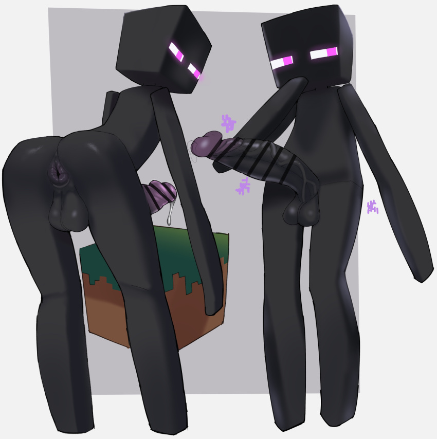 2023 anus balls big_penis black_balls black_body black_penis bodily_fluids butt censor_bar digital_media_(artwork) duo enderman genital_fluids genitals hi_res humanoid male man0. microsoft minecraft mojang penis precum purple_eyes simple_background vein xbox_game_studios