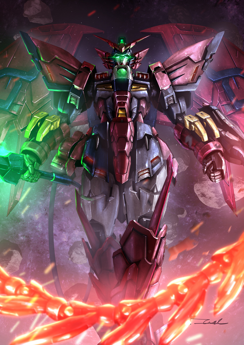 absurdres asteroid beam_saber clenched_hand commentary_request english_commentary glowing glowing_eyes green_eyes gundam gundam_epyon gundam_wing highres holding holding_sword holding_weapon looking_at_viewer mecha mechanical_wings mixed-language_commentary mobile_suit no_humans robot science_fiction signature solo space standing star_(sky) sword taka-f v-fin weapon whip wings