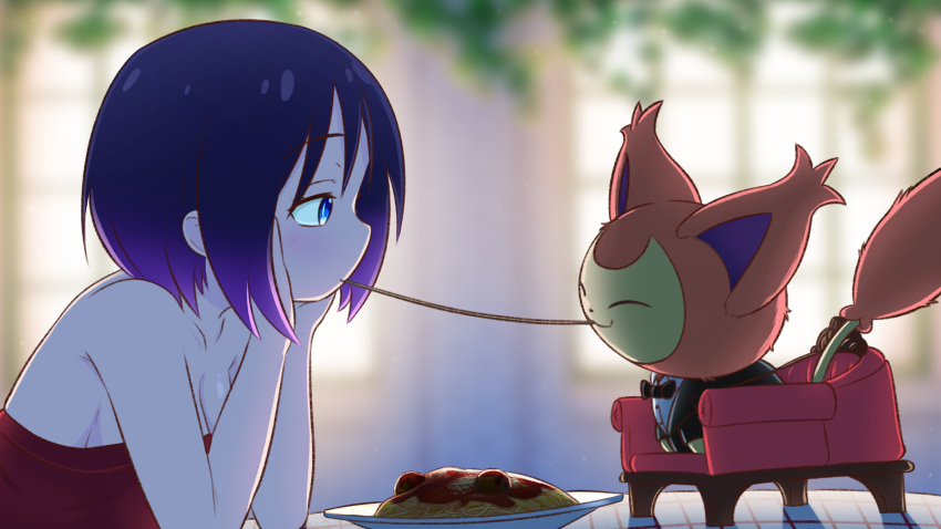 absurdres bare_shoulders black_hair blue_eyes blurry blurry_background commentary commission crossover dress eating elma_(maidragon) english_commentary food from_side gradient_hair greatm8 half-closed_eyes hands_on_own_cheeks hands_on_own_face hands_up highres kobayashi-san_chi_no_maidragon lady_and_the_tramp looking_at_another meatball multicolored_hair pasta plate pokemon pokemon_(creature) profile purple_hair red_dress skitty spaghetti spaghetti_and_meatballs strapless strapless_dress