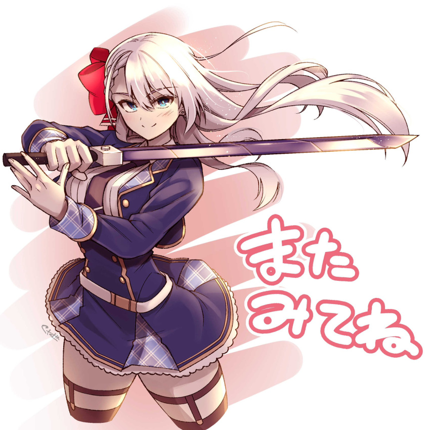 1girl belt black_necktie blue_eyes bow breasts earrings hair_bow highres holding holding_sword holding_weapon jewelry keigen_hichou large_breasts long_hair looking_at_viewer lyseria_christaria miniskirt necktie official_art red_bow seiken_gakuin_no_maken_tsukai shirt skirt sword thighhighs uniform weapon white_belt white_hair white_shirt