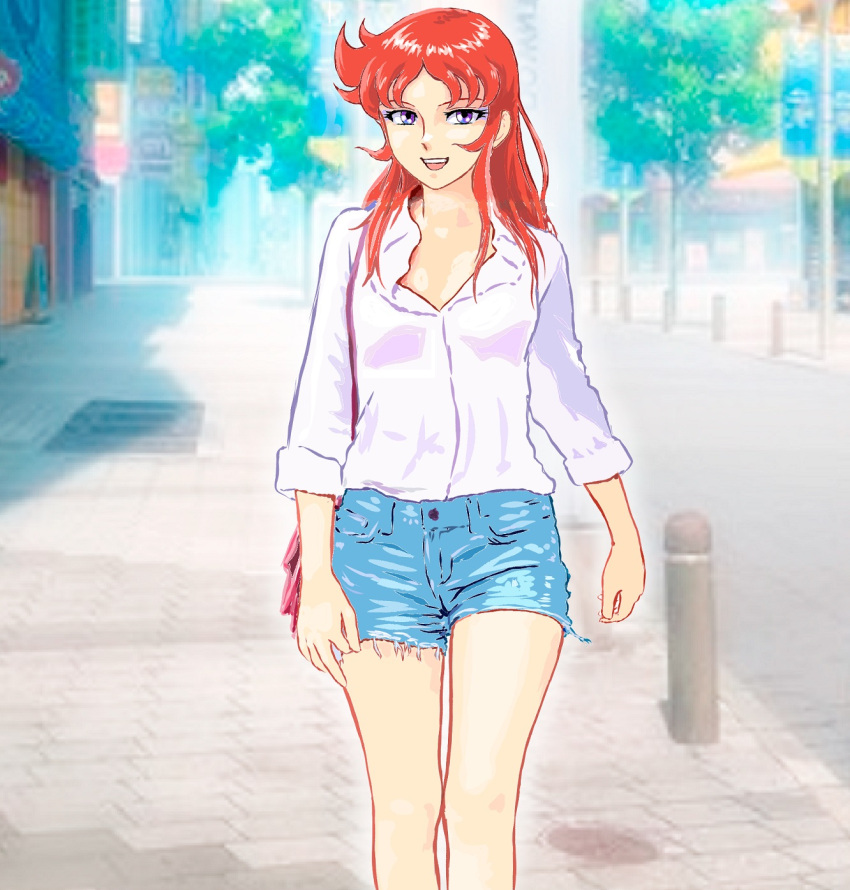 1girl :d blue_eyes blue_eyeshadow blue_shorts day denim denim_shorts eyeshadow highres long_hair looking_at_viewer makeup maria_grace_fleed mazinger_(series) mizumori_keiichi multicolored_eyes open_mouth outdoors pocket purple_eyes red_hair shirt shorts smile solo standing teeth ufo_robo_grendizer upper_teeth_only white_shirt