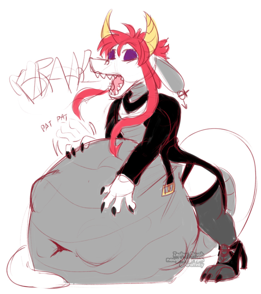 abdominal_bulge anthro belly big_belly big_tail burping clothing dragon expansion footwear fully_inside girly hi_res high_heels hyper hyper_belly naughtygryph nonbinary_(lore) priest same_size_vore tail vore