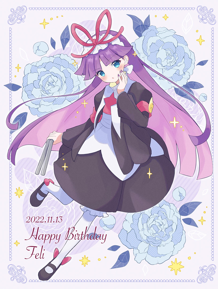 armband black_footwear black_skirt blue_eyes blue_flower blue_rose blush dowsing_rod eyelashes feli_(puyopuyo) flower full_body hand_on_own_face happy_birthday highres holding juliet_sleeves kashima_miyako large_ribbon long_hair long_sleeves looking_at_viewer mary_janes pantyhose parted_lips puffy_sleeves purple_hair purple_nails puyopuyo puyopuyo_fever red_armband red_ribbon ribbon rose shoes skirt very_long_hair white_pantyhose