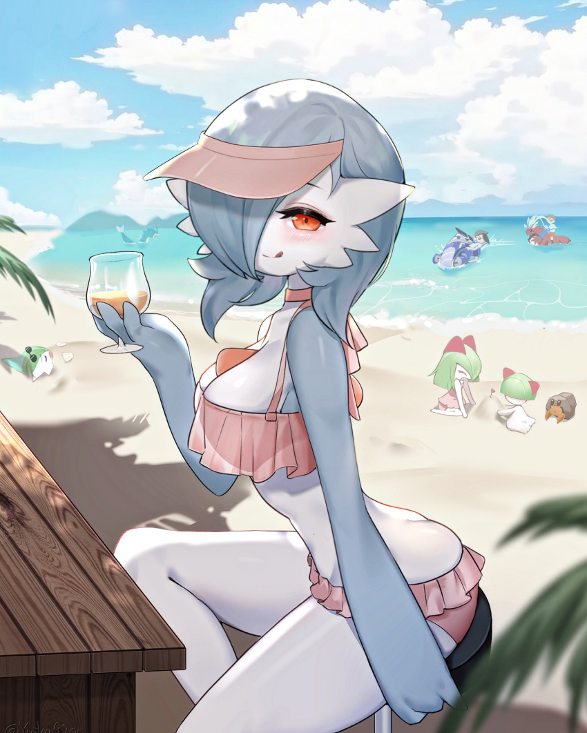 1other 2boys 3girls absurdres alternate_color arm_at_side bare_shoulders beach bikini blue_hair blue_skin blue_sky blurry blurry_foreground blush breasts buried butt_crack cleavage closed_mouth cloud colored_skin commentary cup day drifting drink drinking_glass dwebble english_commentary eyeshadow frilled_bikini frills gallade gardevoir gyarados hair_over_one_eye half-closed_eyes hand_up happy highres holding holding_cup holding_drink horizon juliana_(pokemon) kirlia koraidon leaning_forward licking_lips looking_at_viewer makeup medium_breasts miraidon multicolored_skin multiple_boys multiple_girls ocean on_stool one_eye_covered outdoors personification pink_bikini pink_eyeshadow pink_headwear pokemon pokemon_(creature) pokemon_(game) pokemon_sv ralts red_eyes riding sand sand_castle sand_sculpture seashell shell shiny_pokemon short_hair sky smile solo_focus split_mouth swimming swimsuit thighs tongue tongue_out two-tone_skin visor_cap white_skin yuii_(yuika9200)