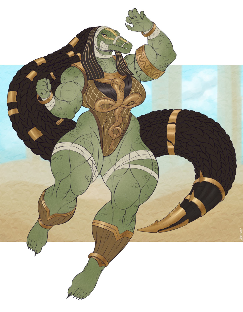 2023 5_fingers 5_toes amber_eyes ammit anthro armlet arms_bent bandage bangle barefoot besky_(artist) big_breasts big_hair biped black_claws black_eyelashes black_hair black_pupils blue_sky braided_hair breasts claws clothed clothed_anthro clothed_female clothing cloud collarbone crocodile crocodilian crocodylid deity detailed_background digital_drawing_(artwork) digital_media_(artwork) egyptian_clothing egyptian_headdress egyptian_mythology eyelashes facial_markings fangs feet female finger_claws fingers fist floating full-length_portrait geometric_background glistening glistening_eyes green_body green_scales hair head_markings hi_res huge_thighs humanoid_feet humanoid_hands iris jewelry leg_wrap leotard long_hair looking_aside markings marvel marvel_cinematic_universe middle_eastern_mythology moon_knight_(series) mouth_closed muscular muscular_anthro muscular_arms muscular_female muscular_thighs mythology nemes_(clothing) non-mammal_breasts pattern_clothing pattern_leotard pillar plantigrade portrait pose pupils quads reptile sand scales scalie simple_background sky snout solo tan_clothing tan_jewelry tan_leotard tan_markings teeth thick_neck thick_thighs toe_claws toes uraeus wide_hips wraps wrist_wraps