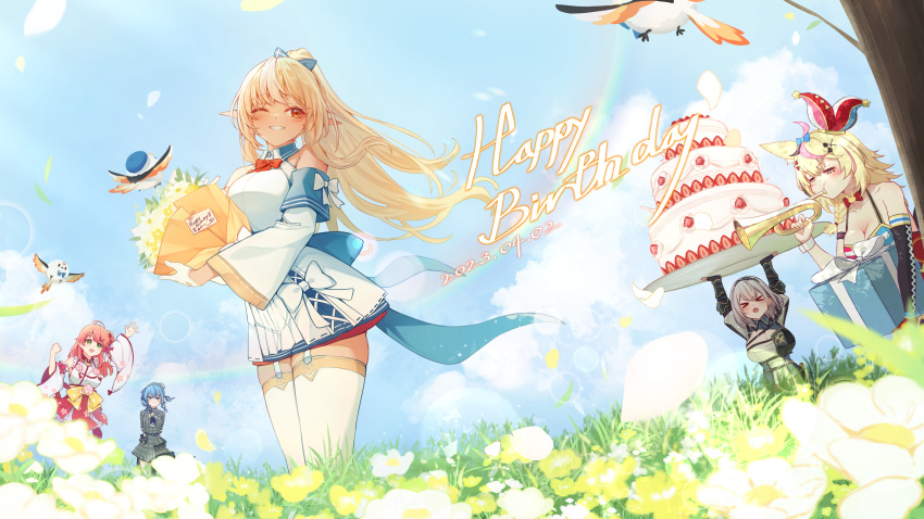 &gt;_&lt; 5girls absurdres animal_ears arm_strap arm_up arms_behind_back arms_up back_bow bare_shoulders beret bird birthday black_gloves black_hair blonde_hair blue_bow blue_eyes blue_hair blue_sky bouquet bow bow_skirt bowtie box braid breasts cake cherry_blossom_print cleavage closed_eyes closed_mouth cloud commentary crown daisy dark-skinned_female dark_skin dated day detached_collar detached_sleeves elbow_gloves elf english_commentary facial_mark falling_petals floral_print flower food fox_ears fox_girl frills garter_straps gift gift_box gloves grass grey_hair grey_headwear grey_jacket grin hair_bow hair_ornament hair_over_shoulder hairclip half_gloves halter_shirt halterneck hand_up happy_birthday hat high_ponytail highres holding holding_bouquet holding_box holding_cake holding_food holding_instrument hololive hoshimachi_suisei hoshimachi_suisei_(1st_costume) instrument jacket jester_cap large_bow large_breasts lens_flare light_blush long_hair long_sleeves medium_breasts medium_hair miniskirt multicolored_clothes multicolored_gloves multicolored_hair multiple_girls music nontraditional_miko omaru_polka omaru_polka_(1st_costume) one_eye_closed open_mouth outdoors petals pink_hair plaid plaid_headwear plaid_jacket playing_instrument pleated_skirt pointy_ears rainbow red_bow red_bowtie red_gloves sakura_miko sakura_miko_(1st_costume) shiranui_flare shiranui_flare_(1st_costume) shiranui_kensetsu shirogane_noel shirogane_noel_(1st_costume) shirt side_braid sidelocks single_braid single_elbow_glove skirt skirt_set sky sleeveless sleeveless_shirt smile standing strawberry_cake streaked_hair tang-du teeth thighhighs tilted_headwear traditional_bowtie tree trumpet virtual_youtuber white_garter_straps white_gloves white_shirt white_skirt white_sleeves white_thighhighs wide_shot wide_sleeves wrist_cuffs x_hair_ornament