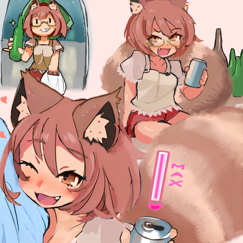 1girl :d animal_ear_fluff animal_ears beer_can blue_kimono blush bottle brown_eyes brown_hair brown_shirt brown_skirt can drunk fang futatsuiwa_mamizou glasses grin holding holding_can japanese_clothes kimono leaf leaf_on_head looking_at_viewer one_eye_closed open_mouth raccoon_ears raccoon_girl raccoon_tail shirt short_hair short_sleeves skirt smile tail teeth touhou wine_bottle yoshiyuki_(14330975) yukata