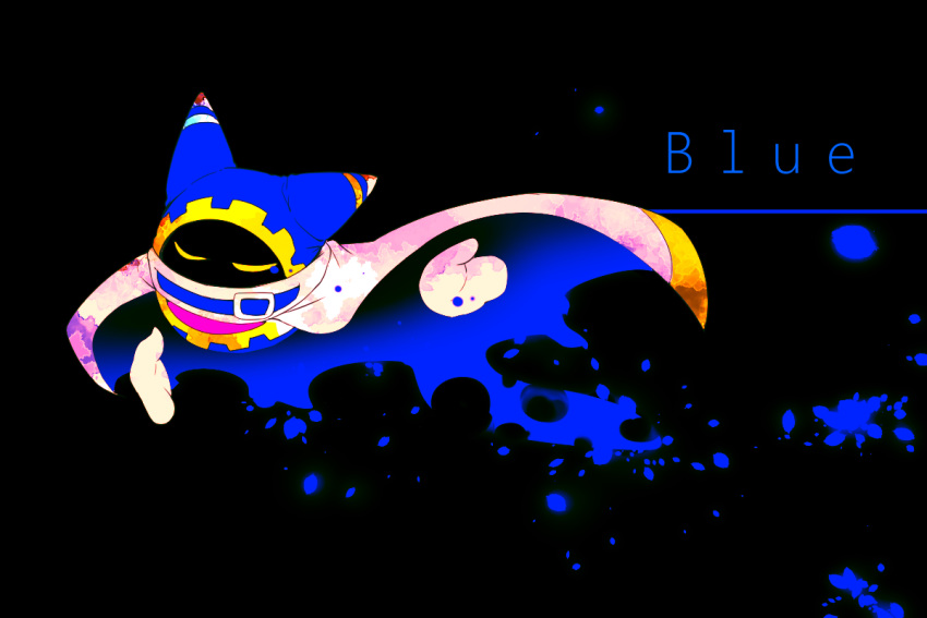 animal_ears belt belt_buckle belt_collar black_background blue_belt blue_cape blue_hood buckle cape cape_lift closed_eyes collar colorful commentary_request covered_mouth disembodied_limb english_text gear_print gloves kirby_(series) magolor no_humans outstretched_hand paint_splatter paint_splatter_on_face scarf shirushiki simple_background solo two-sided_cape two-sided_fabric white_cape white_gloves white_scarf