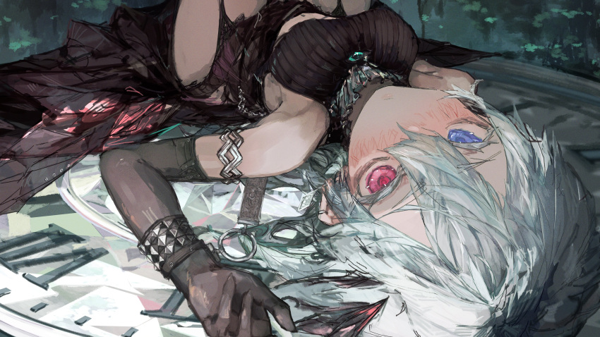 1girl absurdres arete-chan blue_eyes blush closed_mouth elbow_gloves gaku gloves hair_between_eyes heterochromia highres legs_up long_hair looking_at_viewer lying navel on_back pink_eyes sennzai solo white_hair