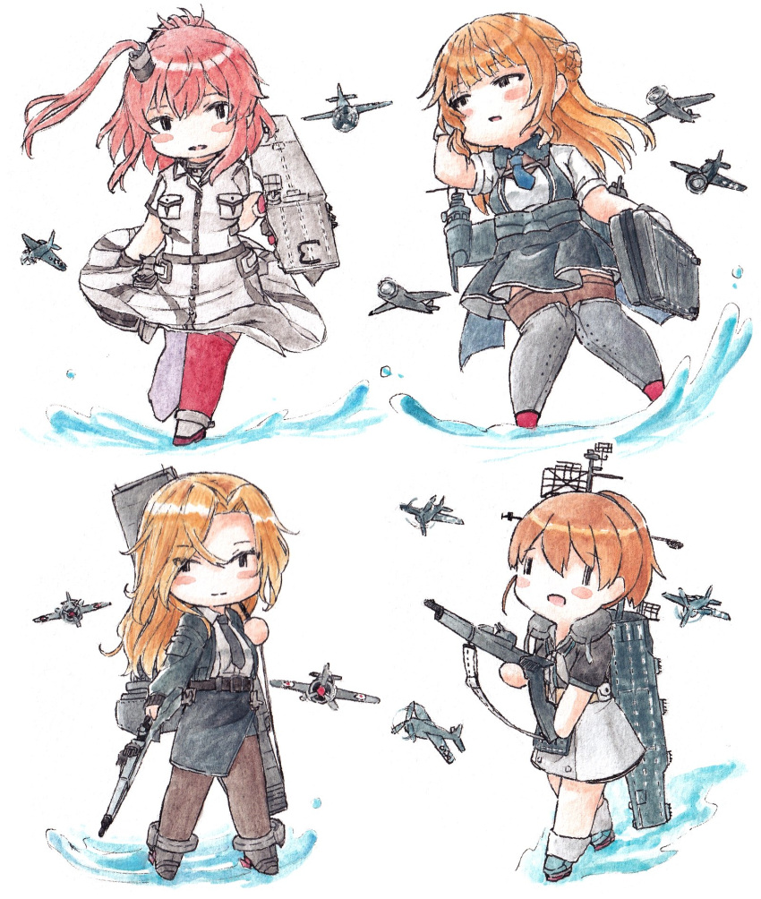 4girls aircraft black_jacket black_necktie black_pantyhose black_skirt blonde_hair blue_necktie breast_pocket brown_hair brown_thighhighs closed_mouth dress flight_deck gun highres holding holding_gun holding_weapon hornet_(kancolle) intrepid_(kancolle) jacket kantai_collection long_sleeves multiple_girls necktie open_mouth pantyhose parted_lips pencil_skirt pocket poipoi_purin ponytail ranger_(kancolle) red_hair red_thighhighs rigging saratoga_(kancolle) short_sleeves skirt thighhighs water weapon