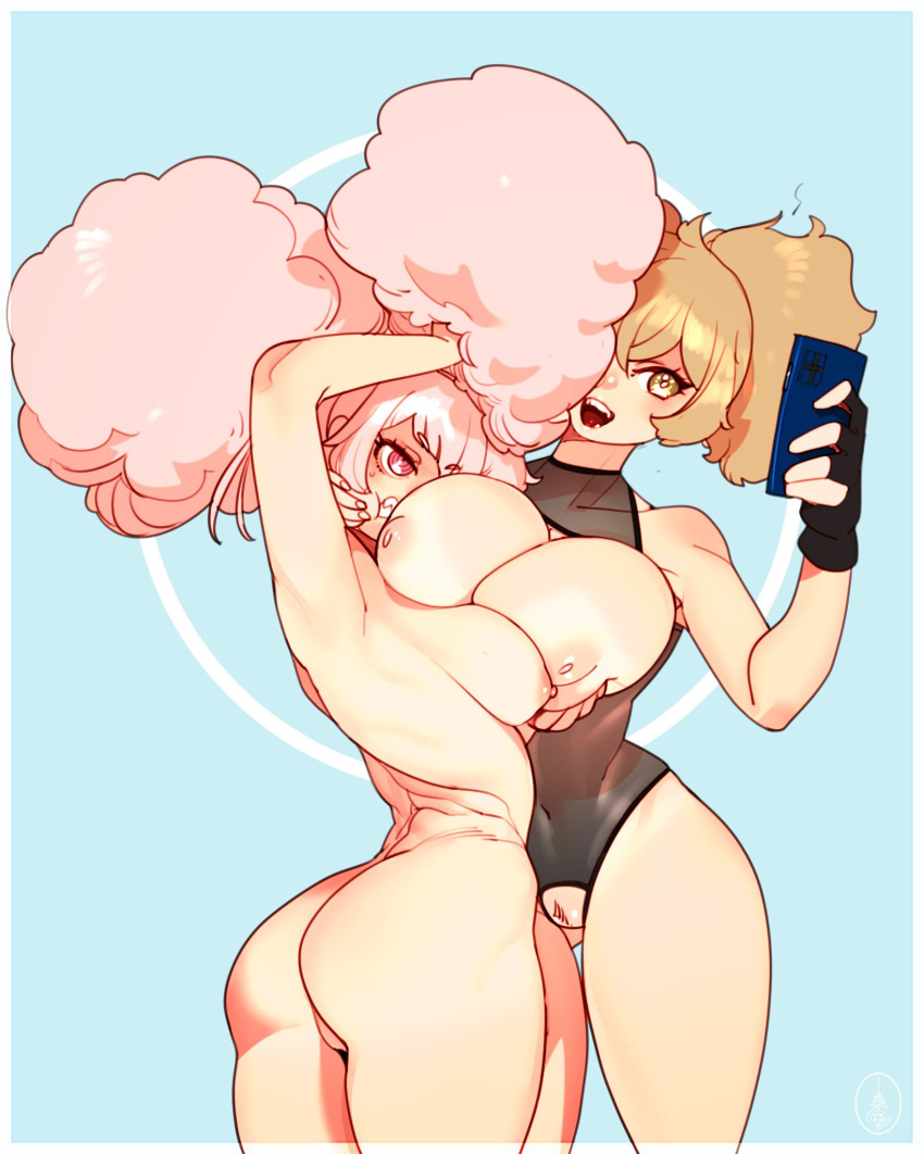 2girls afro_puffs angry ass asymmetrical_docking back blue_background breast_press breasts brown_eyes cellphone cheunchin chuatury_panlunch completely_nude cowboy_shot fingerless_gloves gloves grabbing grabbing_another's_breast gundam gundam_suisei_no_majo hand_on_another's_face highres huge_breasts large_breasts light_brown_hair long_hair multiple_girls navel nipples nude open_mouth phone pink_eyes pink_hair pussy renee_costa see-through selfie simple_background smartphone teeth yuri