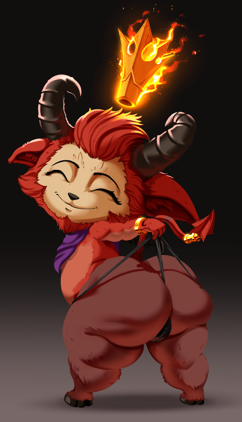 absurd_res anthro balls big_butt big_tail brown_body brown_fur butt clothed clothed_anthro clothing covenantrt_(artist) demon devil_teemo_(lol) fur genitals hair hi_res horn huge_butt humanoid king league_of_legends male red_body red_fur red_hair riot_games royalty short short_anthro short_male short_tail smile solo tail teemo_(lol) yordle