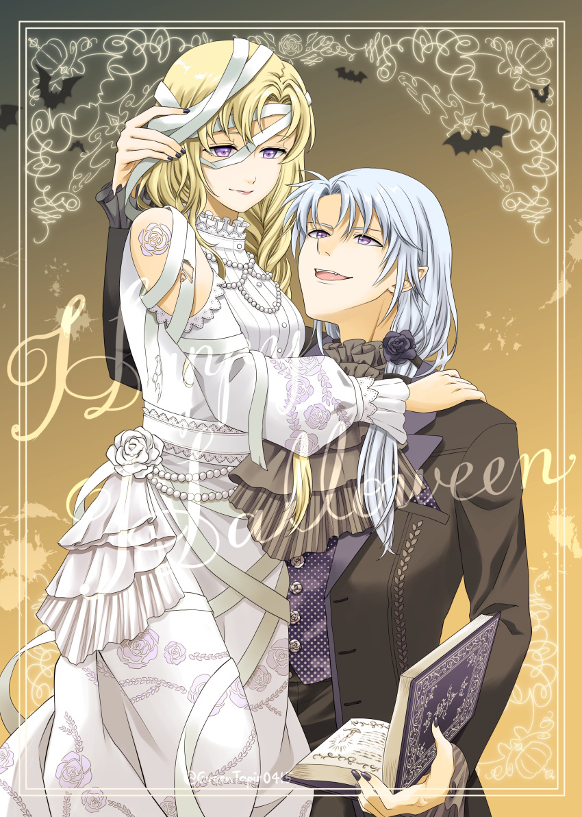 1boy 1girl absurdres bat_(animal) black_nails black_suit blonde_hair book carrying carrying_person closed_mouth commentary_request couple curtained_hair dress fire_emblem fire_emblem:_the_blazing_blade flower gradient_background halloween halloween_costume happy_halloween highres holding holding_book louise_(fire_emblem) medium_hair midori_no_baku open_mouth pent_(fire_emblem) purple_eyes suit white_dress white_flower white_hair yellow_background