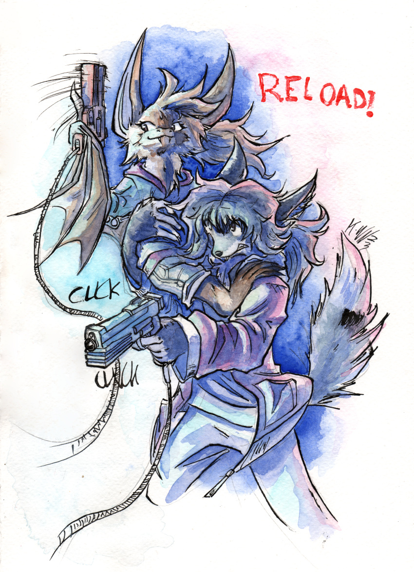 absurd_res allie_ceilago ambiguous_gender anthro arcade bat canid canine duo fox gun hi_res huge_filesize keewan light_gun long-eared_bat lua_novoa mammal painting_(artwork) ranged_weapon reduz traditional_media_(artwork) video_games watercolor_(artwork) weapon