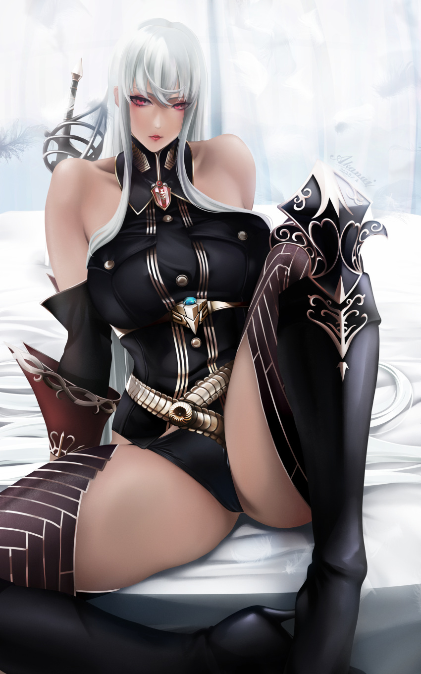 1girl absurdres akanui arm_support bangs bare_shoulders bed_sheet boots breasts detached_sleeves highres knee_boots large_breasts long_hair looking_at_viewer military military_uniform pink_eyes selvaria_bles senjou_no_valkyria_(series) senjou_no_valkyria_1 sitting sword sword_behind_back uniform weapon white_hair