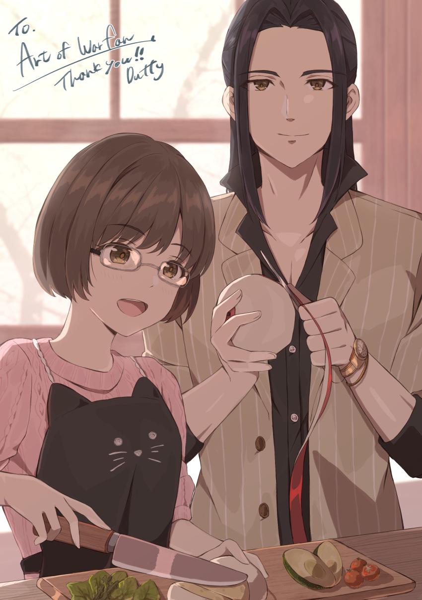 absurdres apple avocado black_hair black_shirt brown_eyes brown_hair commission cooking duffy food fruit glasses highres kitchen_knife long_hair mimi_(ricky_barnes) original shirt short_hair skeb_commission sleeves_rolled_up uncle_and_niece watch wristwatch