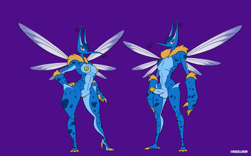 2022 3_toes 4_fingers abs absurd_res antennae_(anatomy) anthro arthropod balls blue_body blue_spots brown_eyes bugzilla clothing curled_antennae dipteran duo erection feet female fingers flat_colors footwear fur genitals hand_on_hip hi_res high_heels humanoid_genitalia humanoid_penis insect insect_wings looking_at_viewer male male/female model_sheet mosquito mossax navel nipples penis purple_background pussy signature simple_background slim spectrobe spectrobes spots spotted_body spread_wings thick_thighs toes tuft vein veiny_penis wings yellow_body yellow_fur yellow_nipples yellow_penis